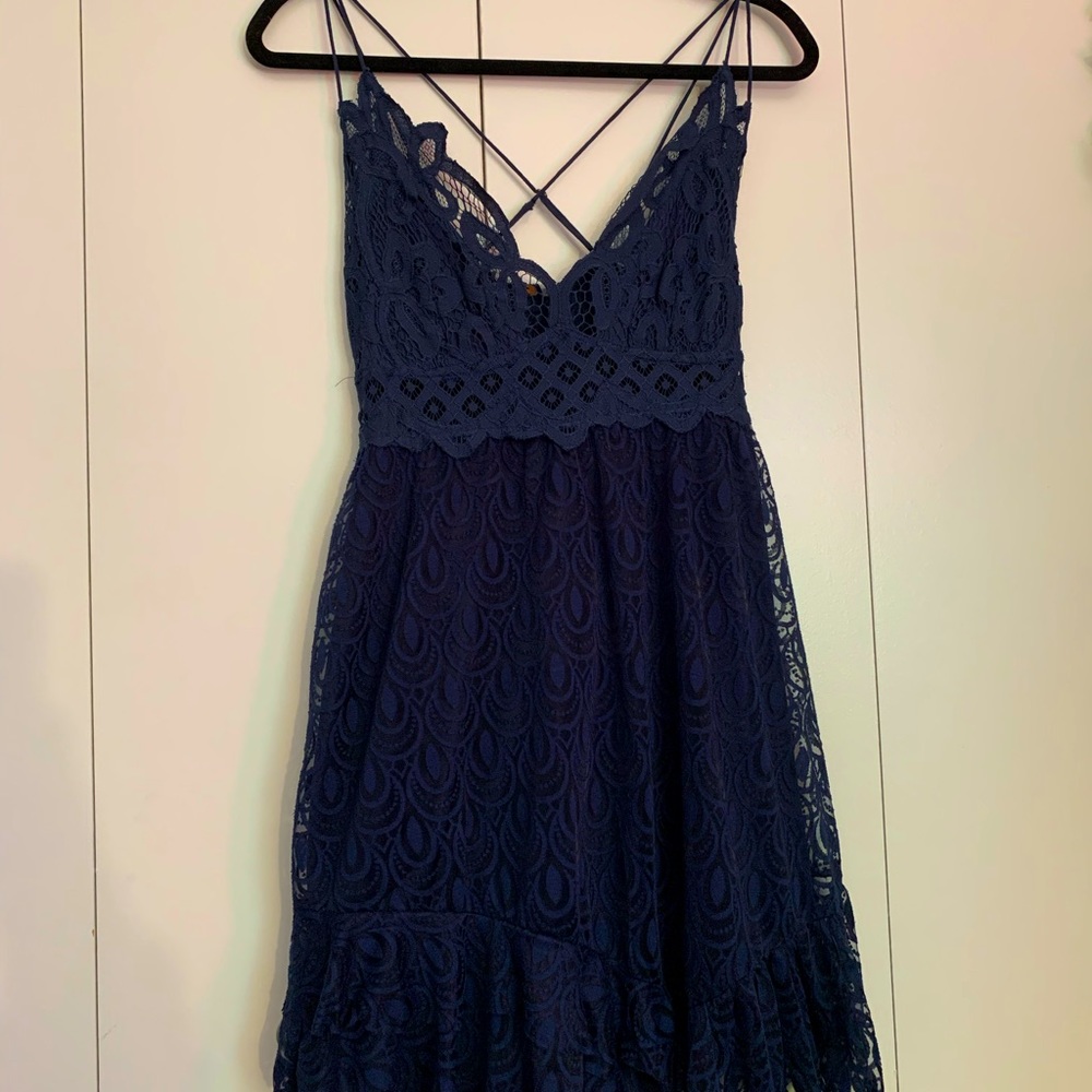 Delicate navy blue lace asymmetrical floral spaghetti strap midi dress